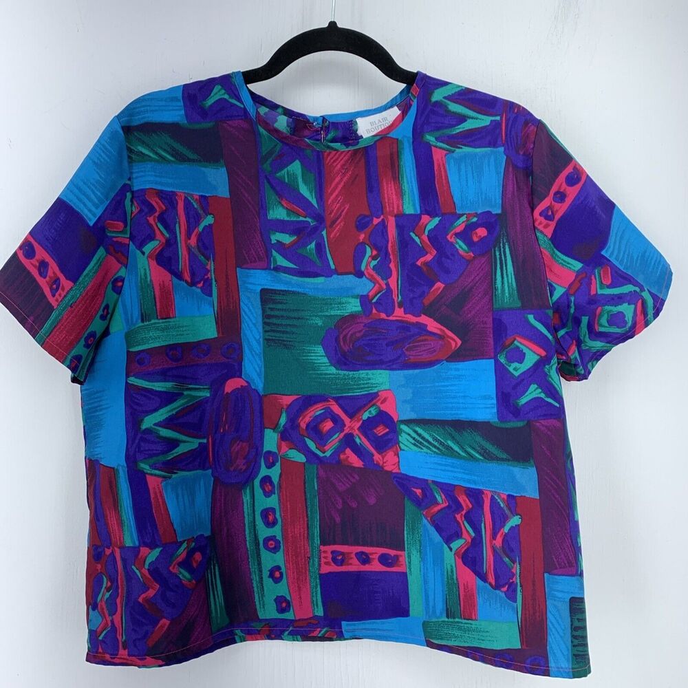 Vtg Blair Boutique Womens 16 Blouse Artsy Abstract Colorful USA Funky Unique
